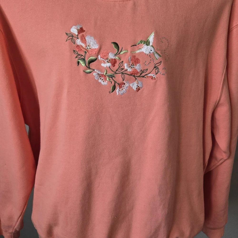 Morning Sun Cottagecore Coral Pink Hummingbird Floral Embroidered Sweatshirt